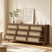 9 Drawer Dressers for Bedroom, Rattan Dresser with Drawers, Modern Wood Dresser with Metal Handles, Chest of Drawers for Bedroom, Living Room, Entryway Brown-9 Drawer