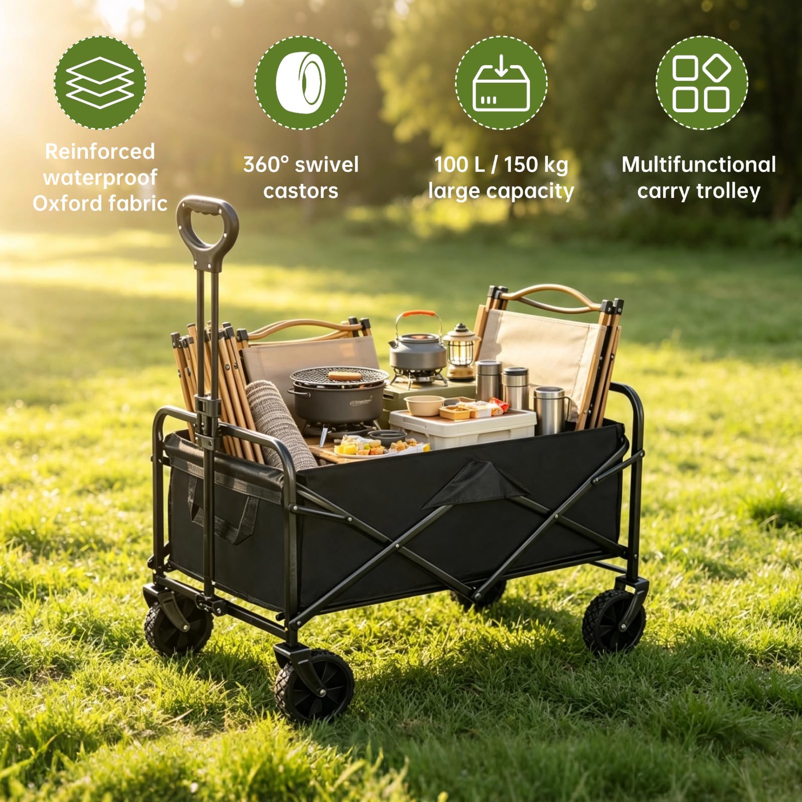 Carro plegable de 100 litros, para uso al aire libre, con asa ajustable para compras, camping y excursiones en la playa, 130 kg de carga, tela Oxford 600D (negro grueso)