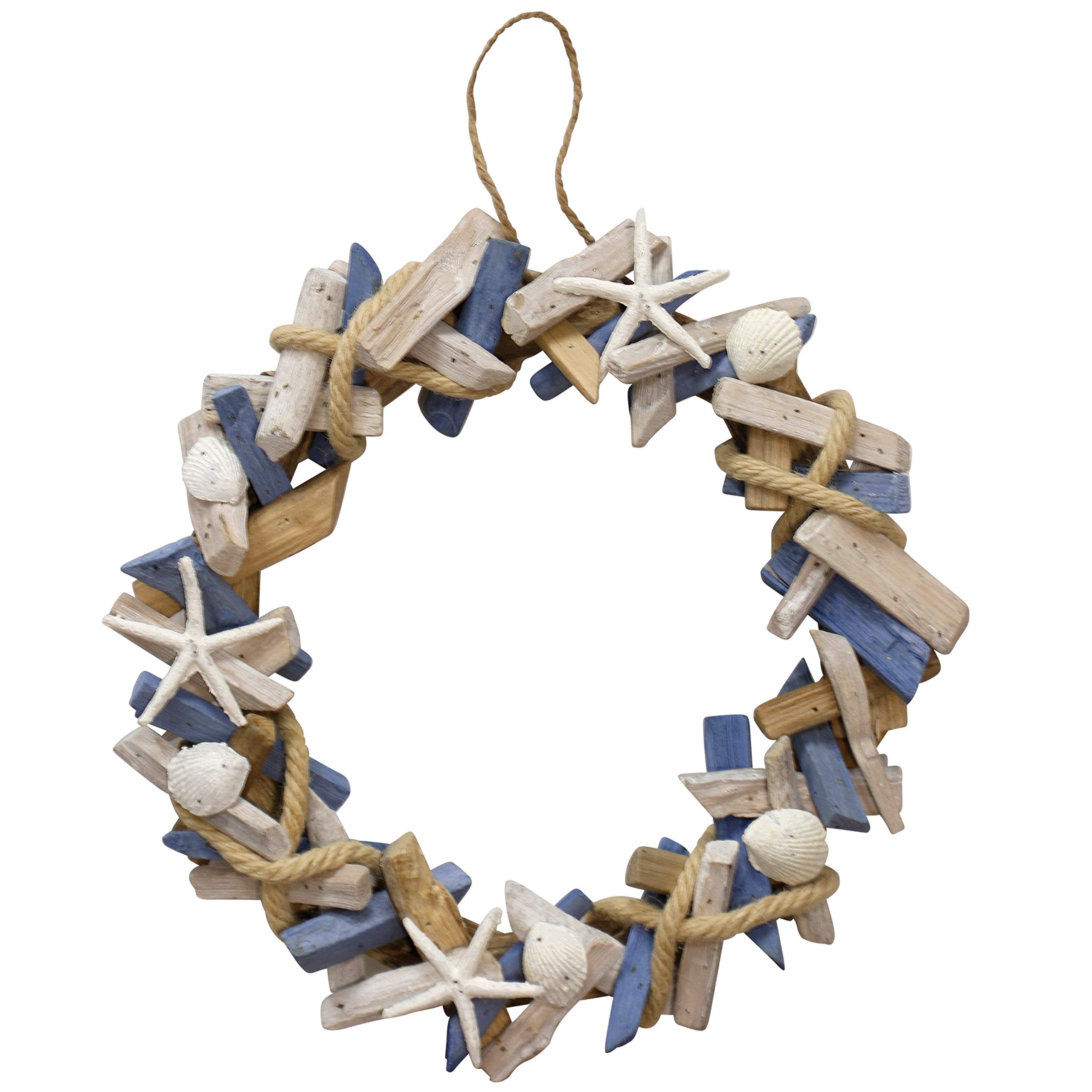 UKN Hand-Assembled Ocean Motif Wood Wreath with Hanging Loop Nautical Coastal
