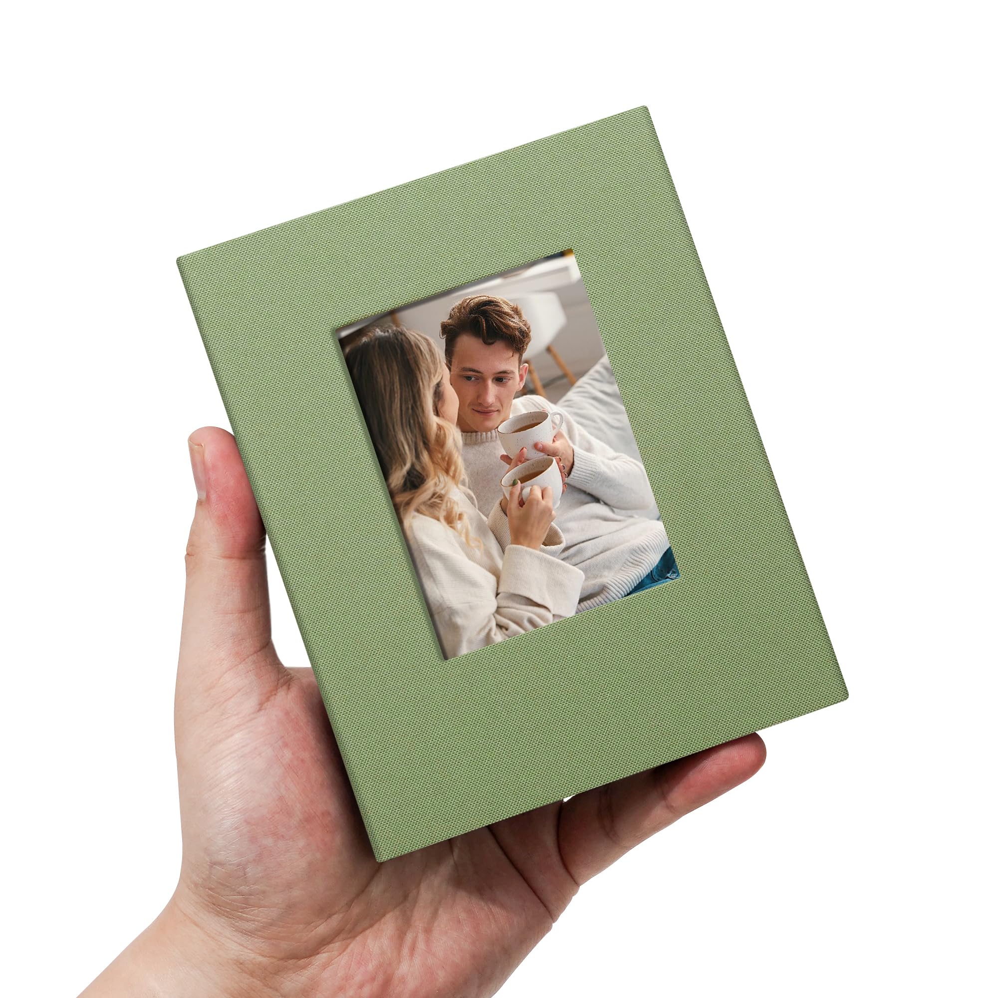 Remowith 6x4 Photo Album Slip in 100 Pockets, Linen Fabric Cover Photo Book with Customisable Cover Window, Acid-Free Slip-in Pockets for Family, Travel, Baby & Memory Storage,Light Green