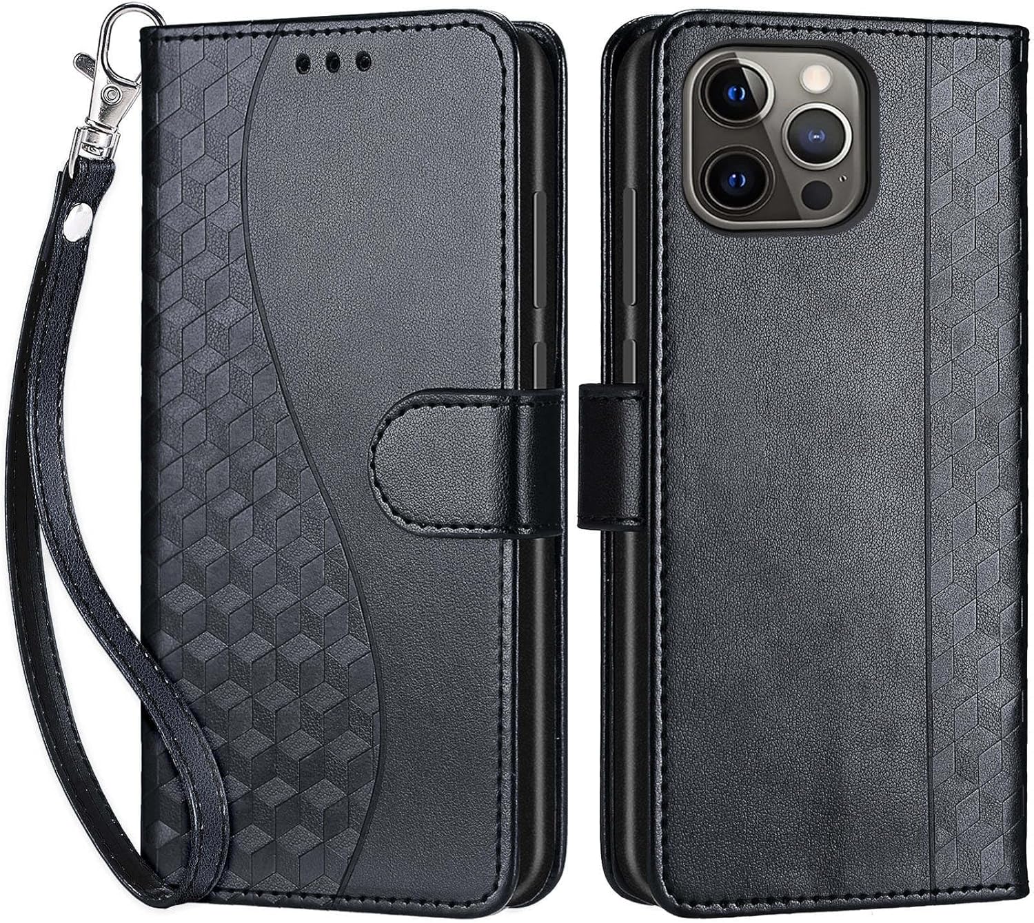 Designed for iPhone 13 Pro Case Wallet,Women Flip Folio Cover with Embossed PU Leather Stand Credit Card Holders Slots Wrist Strap Phone Case for iPhone 13 Pro 6.1 Inch (Black) - Image 3