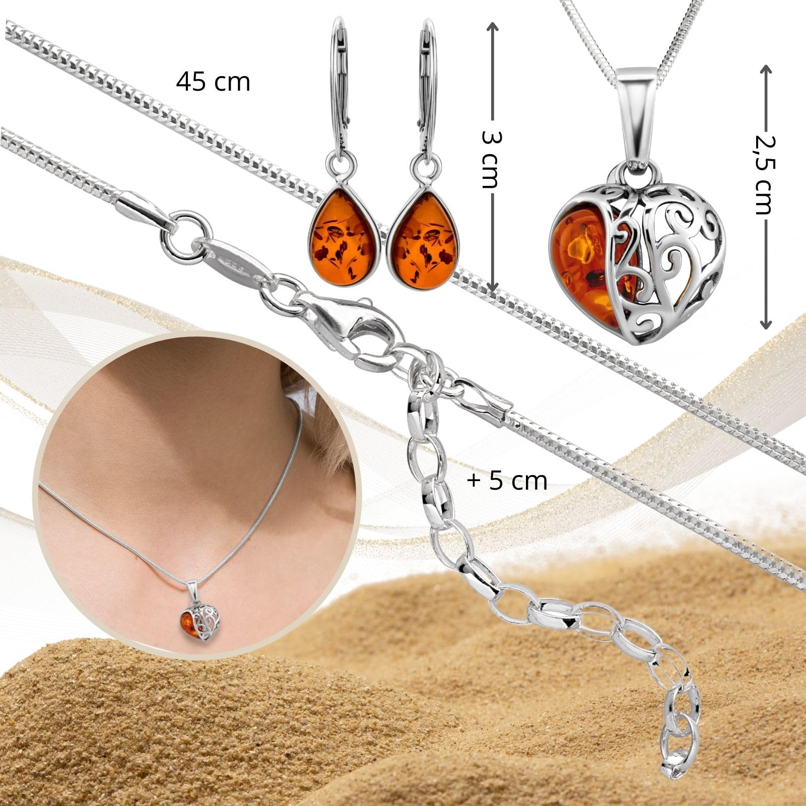 Copal Sterling Silber Schmuckset Mit Bernstein Herz Anhänger Und Ohrringe