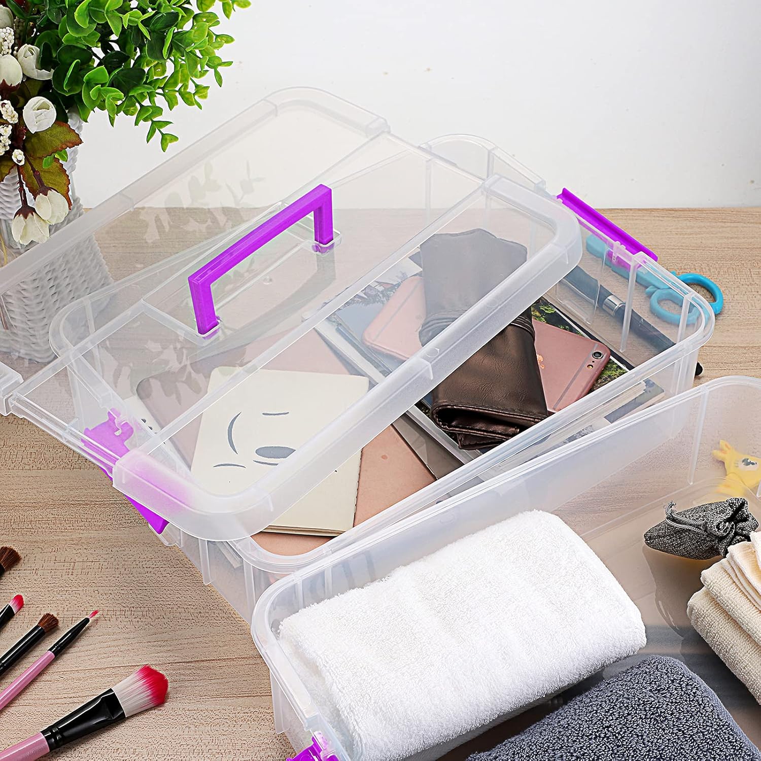 BTSKY 2 Layer Stack & Carry Box, Plastic Multipurpose Portable Storage Container Box Handled Organizer Storage Box for Organizing Stationery, Sewing, Art Craft, Jewelry and Beauty Supplies(Purple)