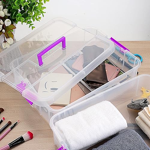 Miniatura 23 de BTSKY Caja de almacenamiento portátil multiusos de 2 capas, organizador de almacenamiento portátil multiusos para organizar papelería, costura, Gris