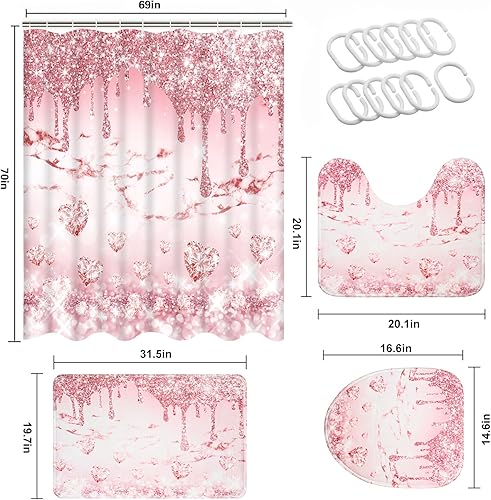 Miniatura 7 de Juego de cortinas de ducha con diamantes de corazón con purpurina, juego de baño rosa de lujo con cortina de ducha y alfombras, cortinas de ducha