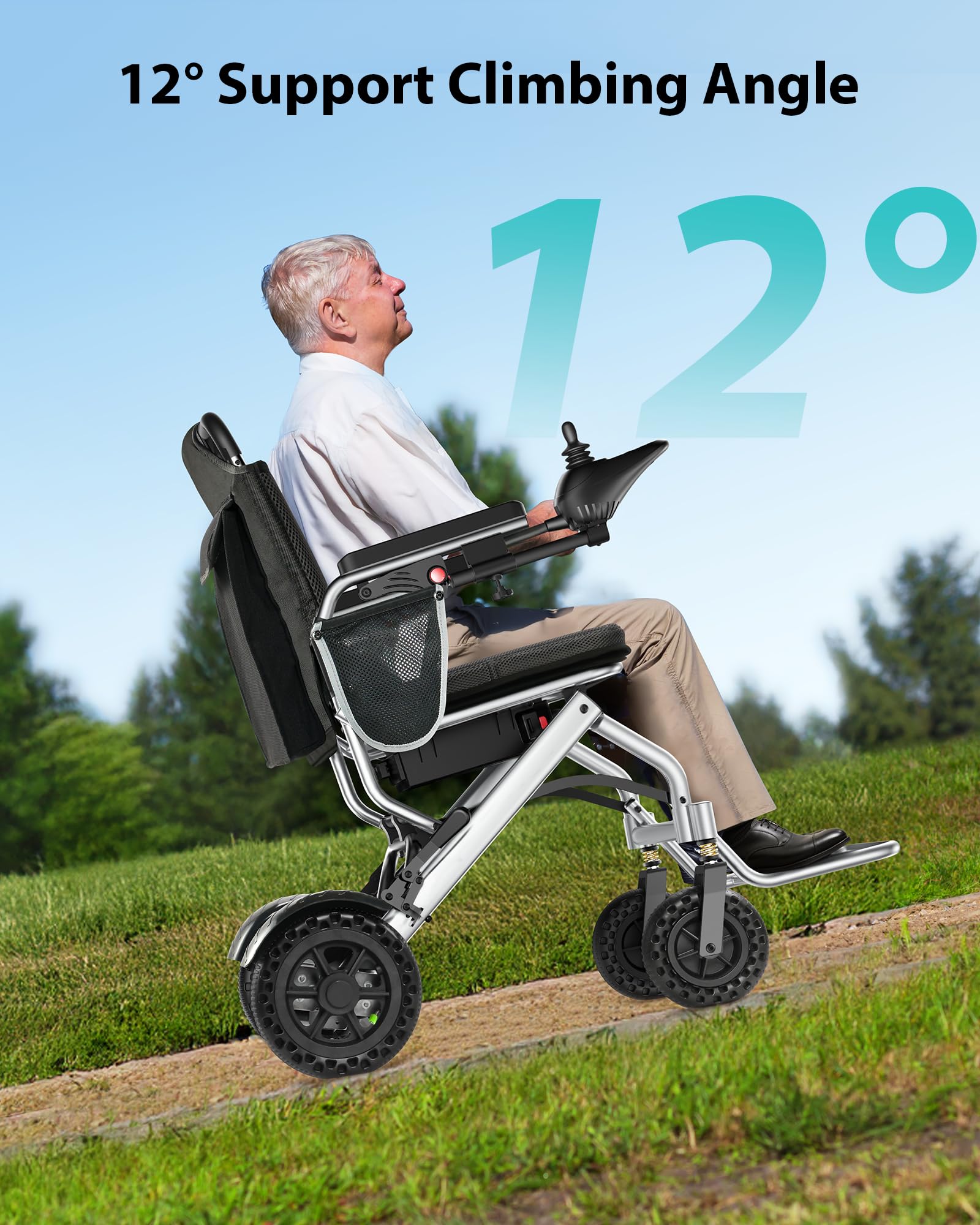 Silla de ruedas eléctrica plegable ligera (15 kg) – Silla de ruedas eléctrica para personas mayores, alcance hasta 24 km, homologada para viajes en avión, motor doble de 360 W, silla de