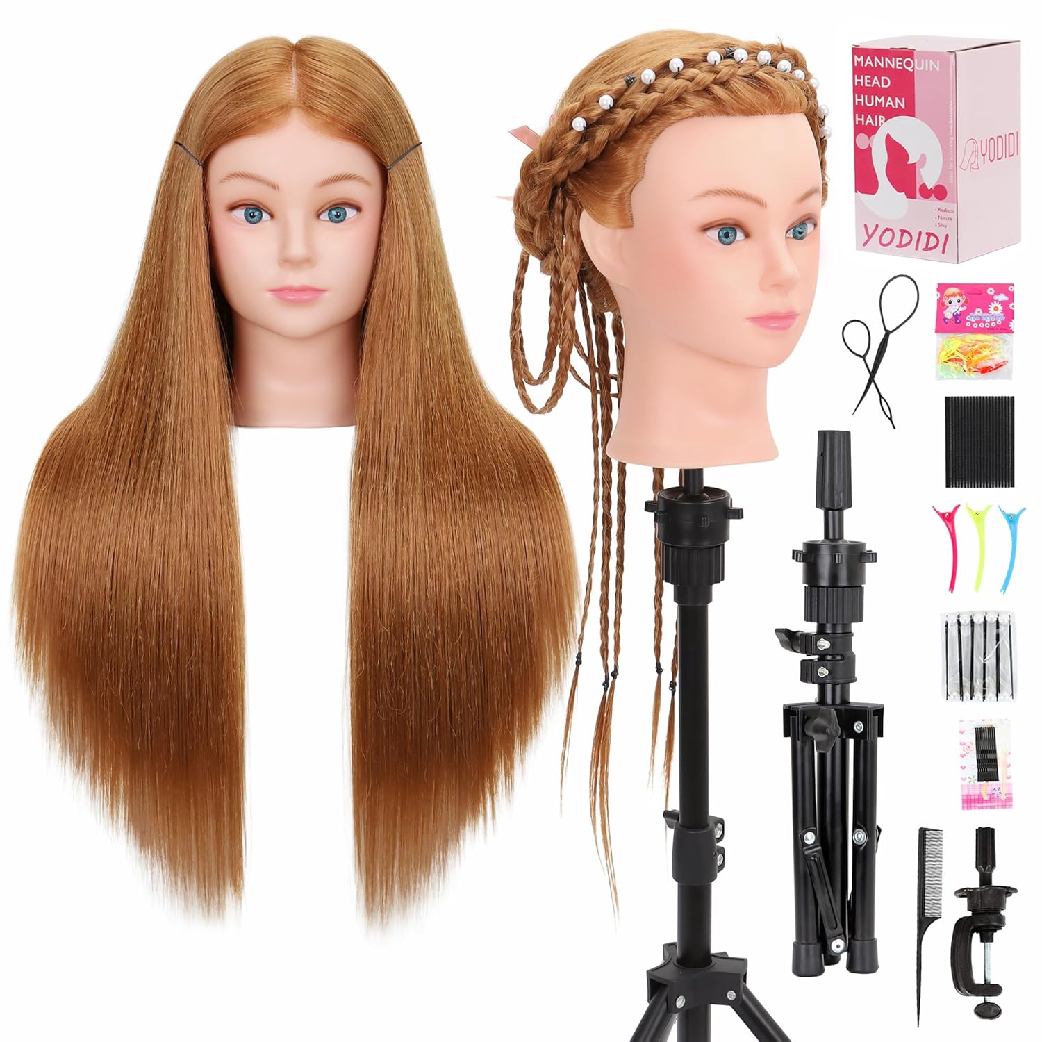 Mannequin Head with 80% Human Hair & Adjustable Manikin Head Tripod - 28" Cosmetology Practice Doll for Hairdresser (28 Inch-Tripod Set with Styling Tools)