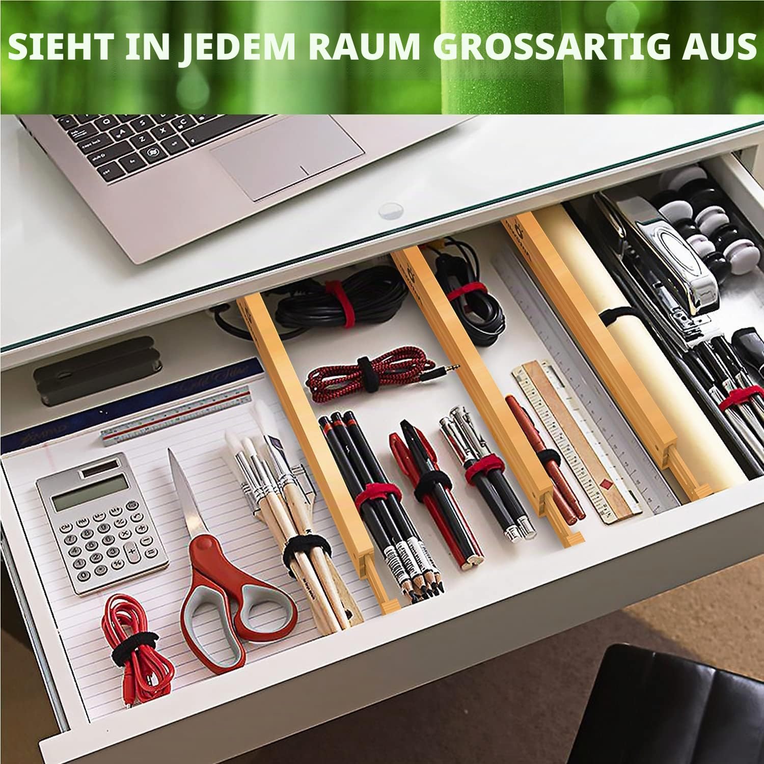 ANTOWIN Schubladentrenner Verstellbar Bambus (33-43 cm), Schubladen Organizer, Gefedert, Küche, Kommode, Badezimmer, Schlafzimmer, Babyschublade, Schreibtisch Ordnungssystem