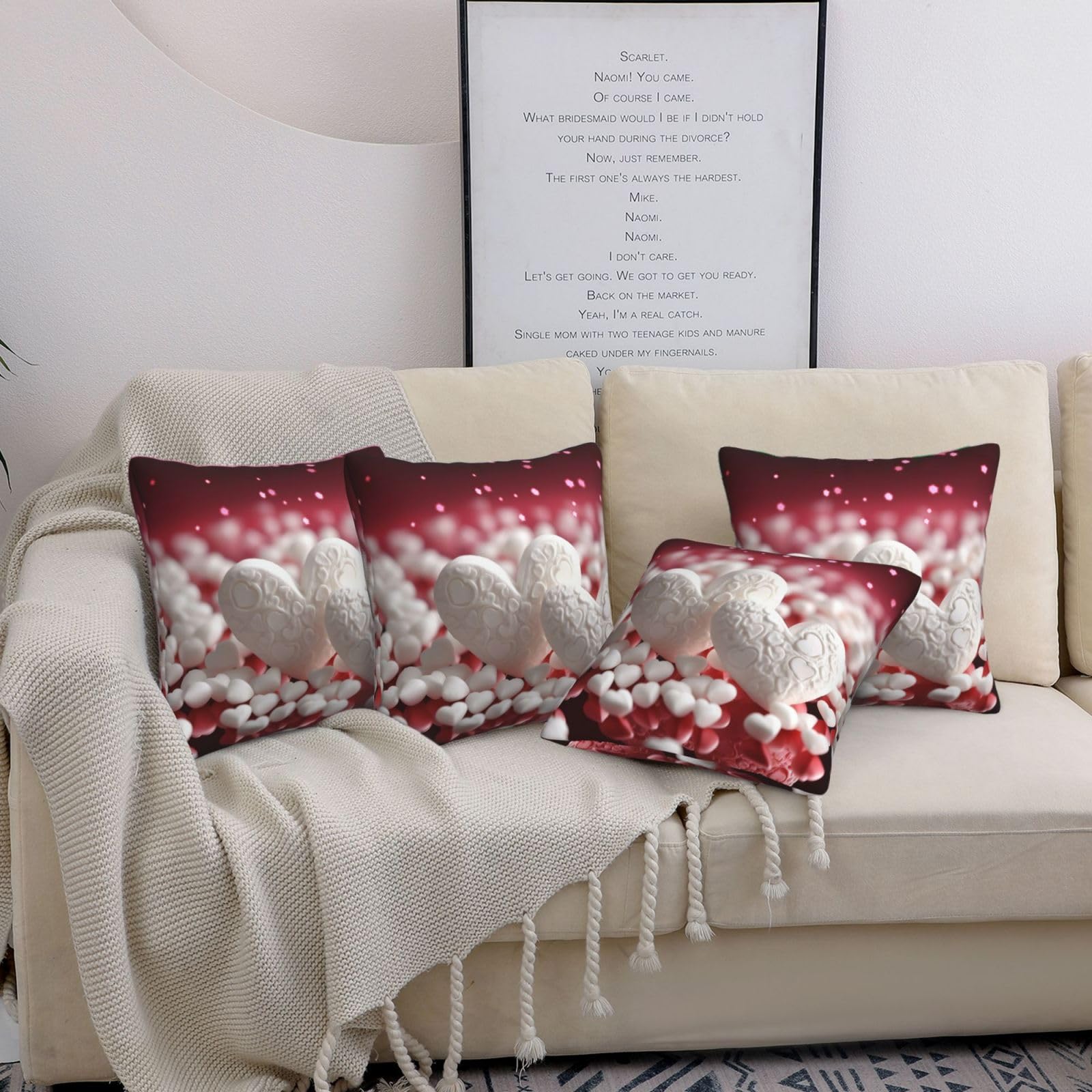 Housses de coussin pour canapé moderne : lot de 4 taies douces motif cœurs blancs