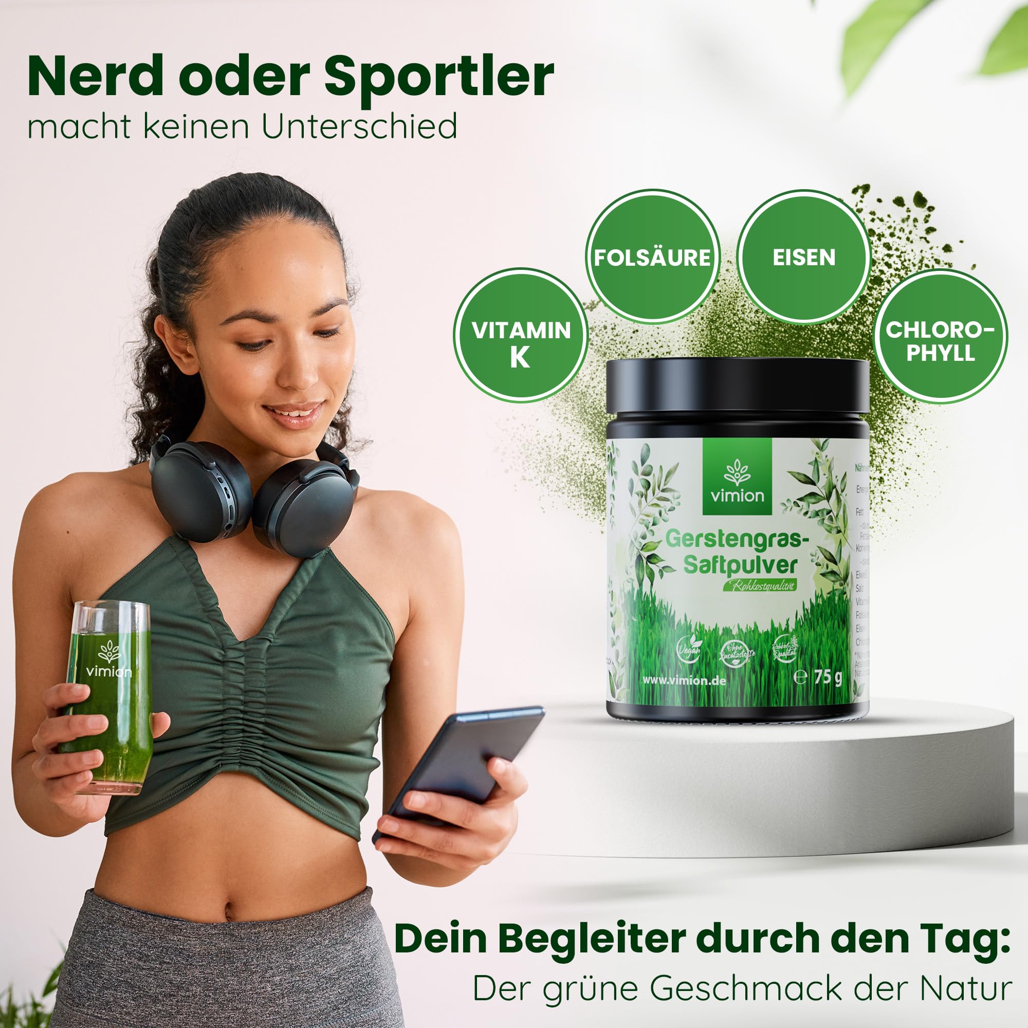pures Gerstengras-Saftpulver - 75 g Premium-Rohkostqualität - natürlich reich an Eisen, Folsäure, Vitamin K & Chlorophyll - 100% vegan - Green-Superfood - Plastikfrei im Braunglas
