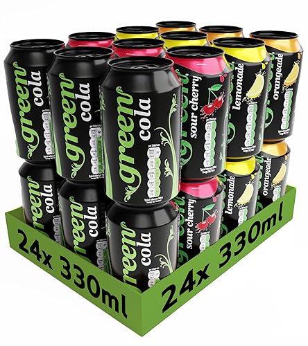Green Drinks Variety Pack - Low Calorie Sparkling Soft Drinks - Cola, Lemonade, Orange, Cherry - Sweetened with Stevia, No Added Sugar, Natural Caffeine, No Aspartame - Bulk Pack 24 Cans x 330ml - Variety Pack - 330 ml (Pack of 24)