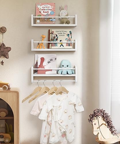 Miniatura 7 de Juego de 3 estantes para libros de guardería para pared, estantería de madera natural blanca, decoración de pared, pequeño organizador flotante para