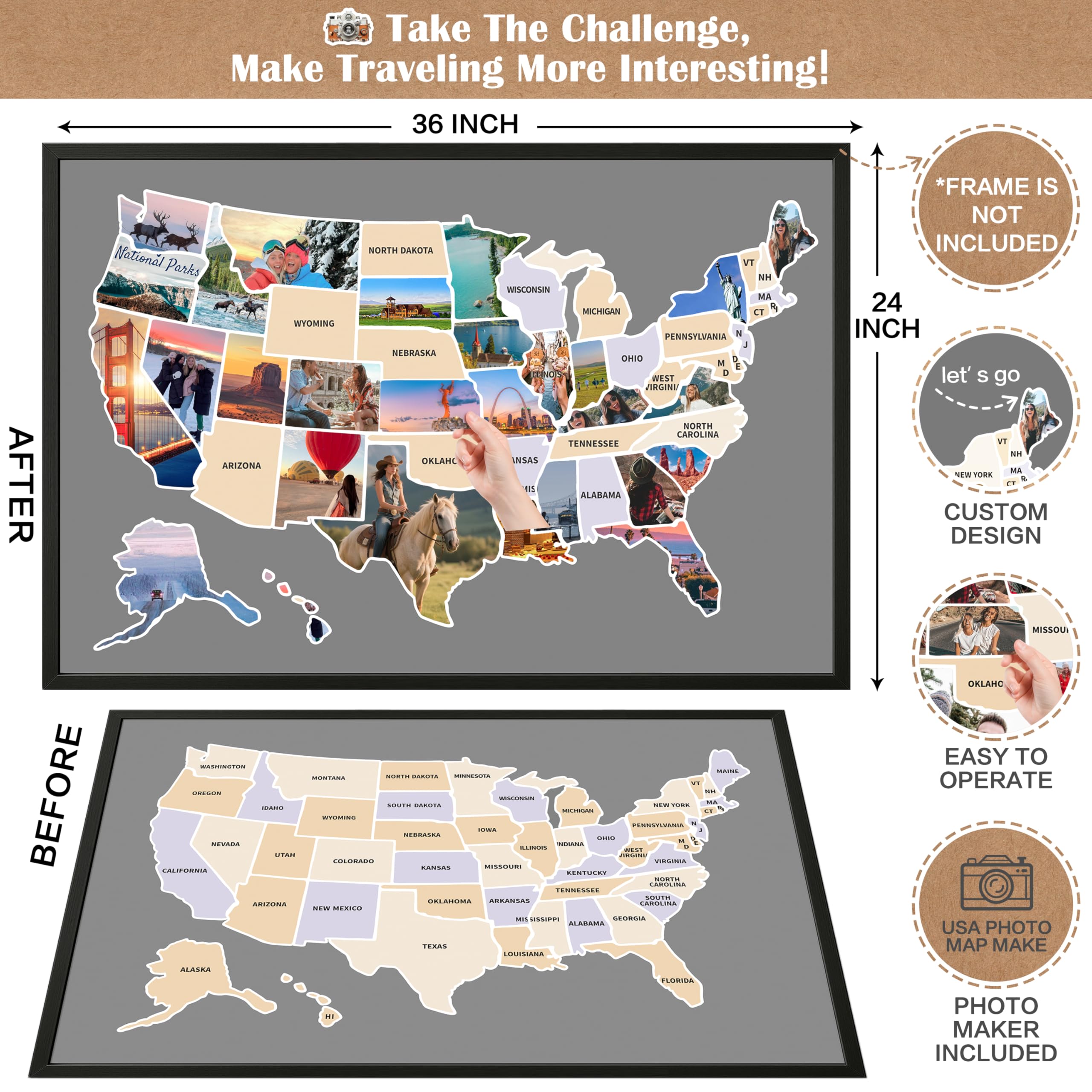 Mapa de fotos de viaje de Estados Unidos, 24 x 36 pulgadas, mapa de 50 estados, incluye fotógrafo, fácil de usar, regalo ideal para amantes, parejas, aventureros, marco de fotos de Estados Unidos, sin