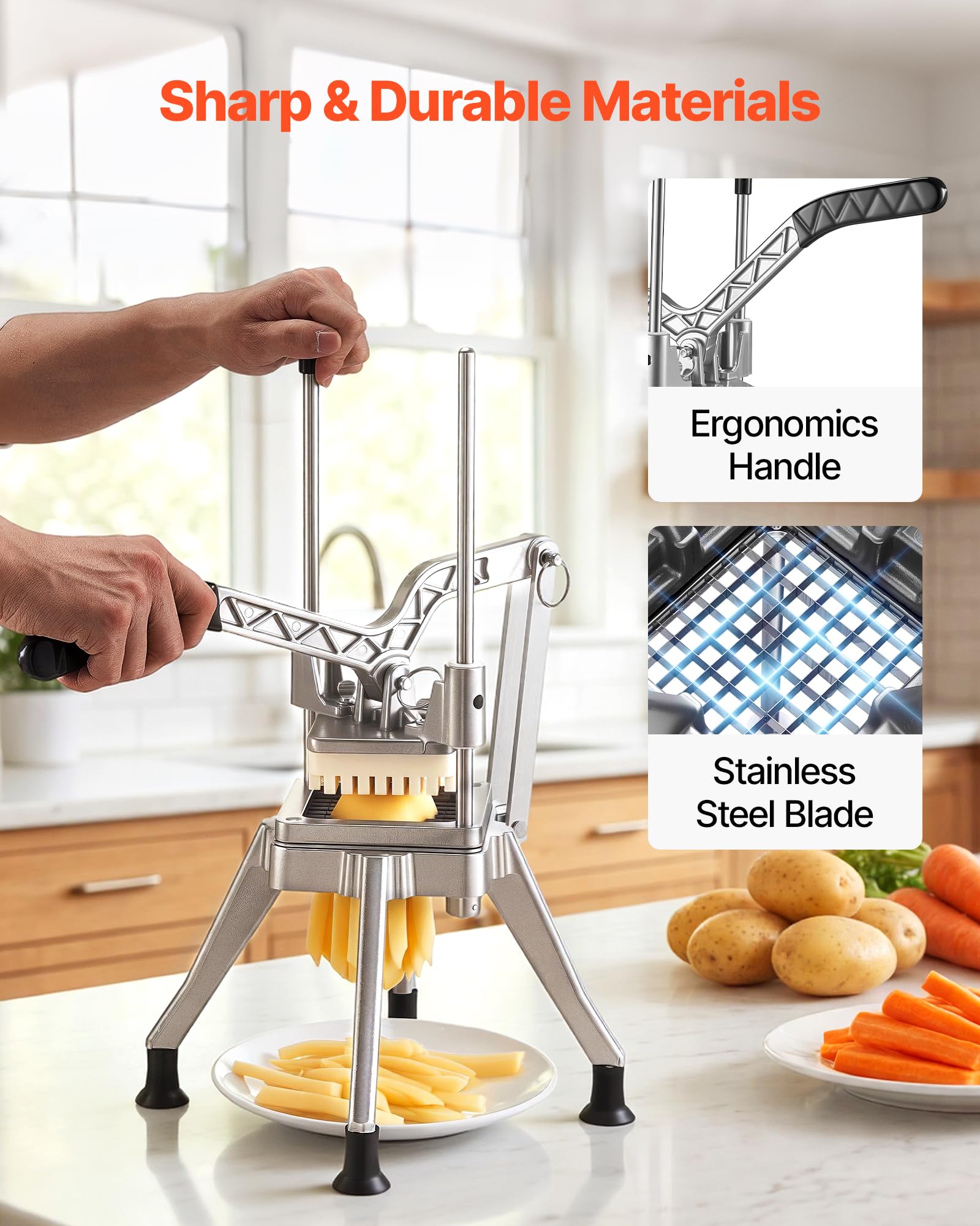 VEVOR Pommes Frites Schneider, Kartoffelschneider mit 1/4 Zoll Klinge aus 420J2-Edelstahl, Frittenschneider, Gemüseschneider, Obstschneider mit Ergonomischem Griff, für Restaurants, Cafeterias