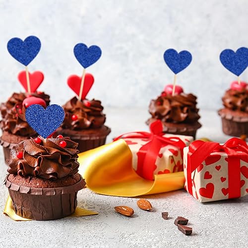 Miniatura 4 de Gyufise 30 adornos de corazón para cupcakes azul profundo con purpurina dulce corazón dulce amor decoración de pastel de San Valentín decoraciones