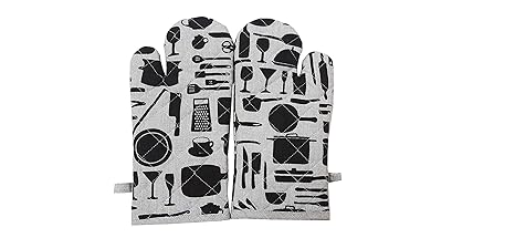HOMEFLY 100% Cotton Kitchen Oven Gloves - Set of 2 Pieces (Mittens, Grey, Black)