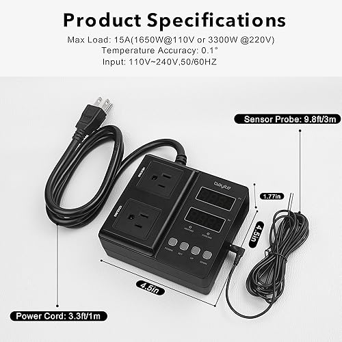 Miniatura 7 de bayite Controlador de temperatura 1650W 15A BTC211 Enchufe de termostato de salida digital dual, precableado, modo de calefacción y enfriamiento de
