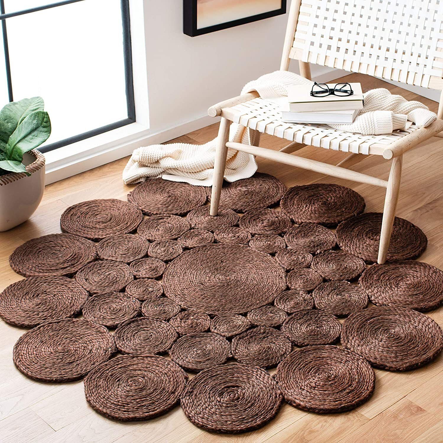 Tapis de sol rond en jute pour salon fleur tressée main 150x150 cm