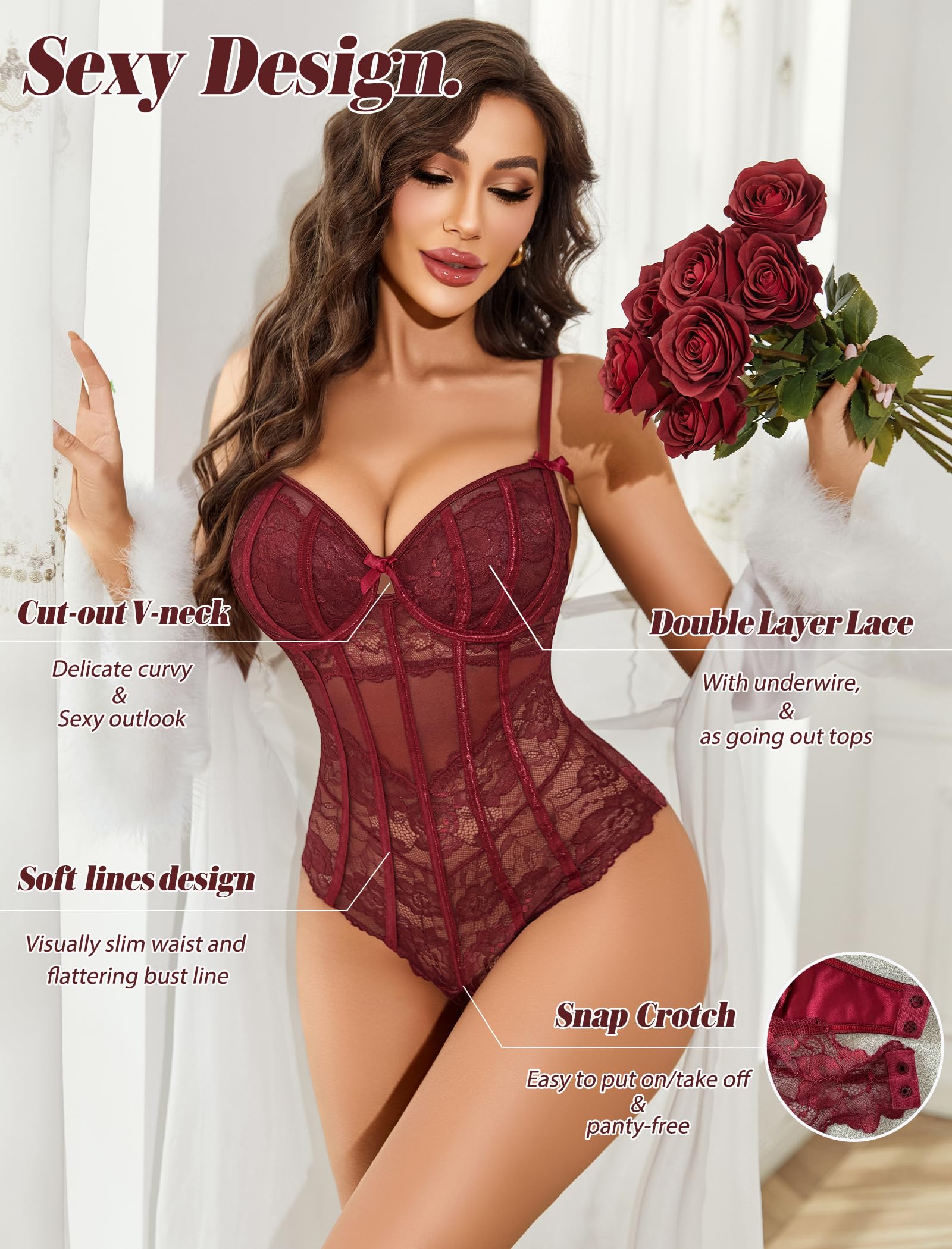 Avidlove Bodysuit for Women Sexy Lace Top One Piece Lingerie V Neck Mesh Tops Going Out Cami Naughty Push Up Body Suit S-XXL