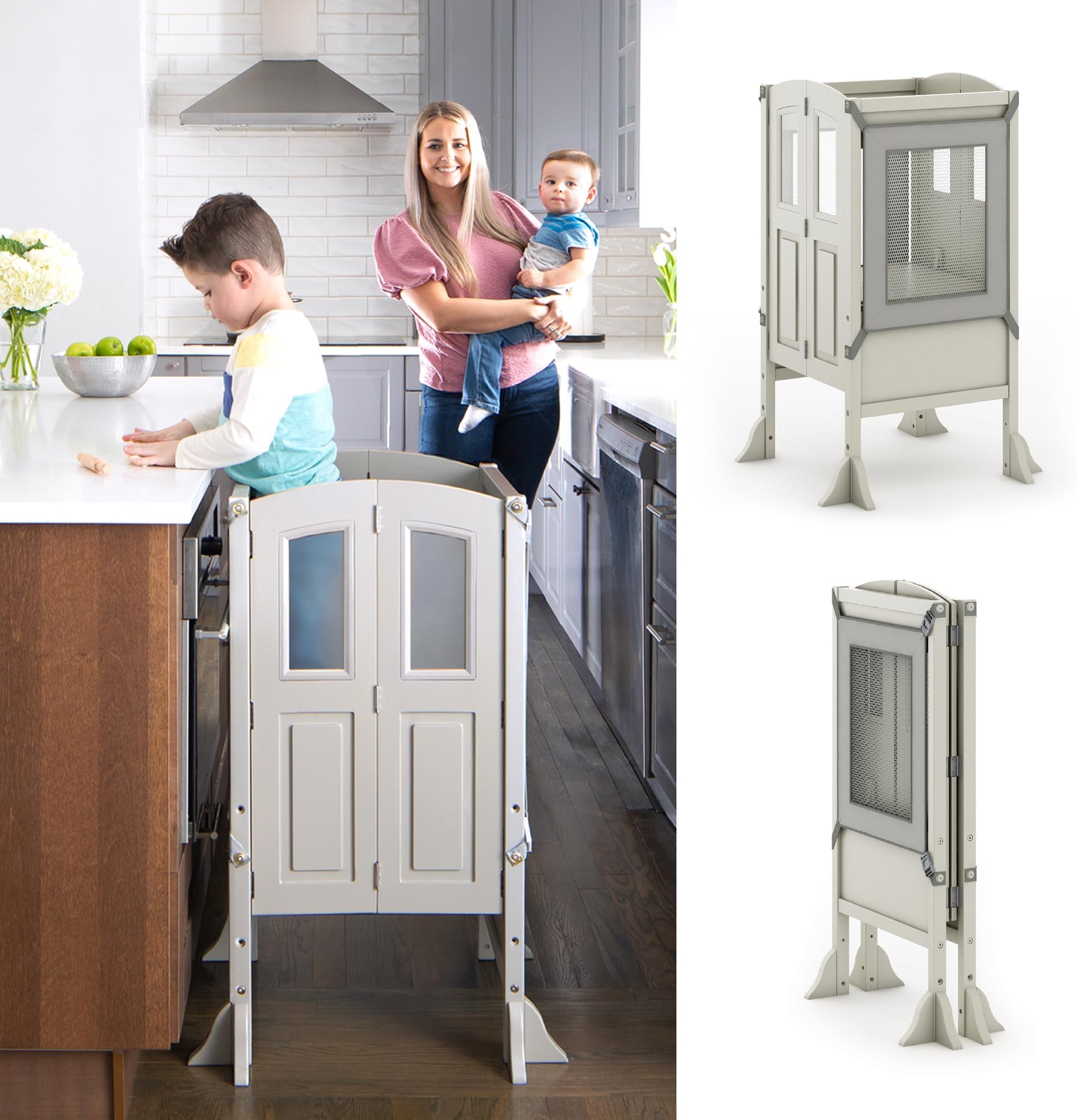 Martha Stewart Kitchen Helper ® Toddler Tower by Guidecraft - Taupe: Kids' Wood, Foldable, Adjustable Height Platform | Safe Cooking Learning Step Stool for Toddlers