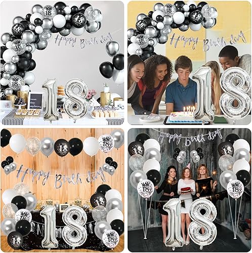Vista 34 de Decoraciones de cumpleaños número 18 para niños, globos negros y dorados, kit de arco de guirnalda con el número 18, globo de confeti de papel