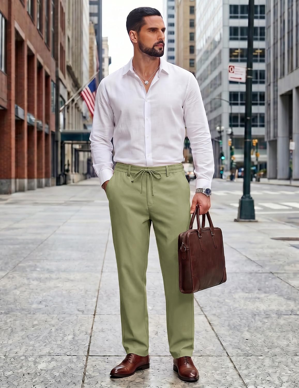  Mens Cotton Linen Pants Casual Drawstring Summer Beach Pants Lightweight Linen Dress Trousers thumbnail