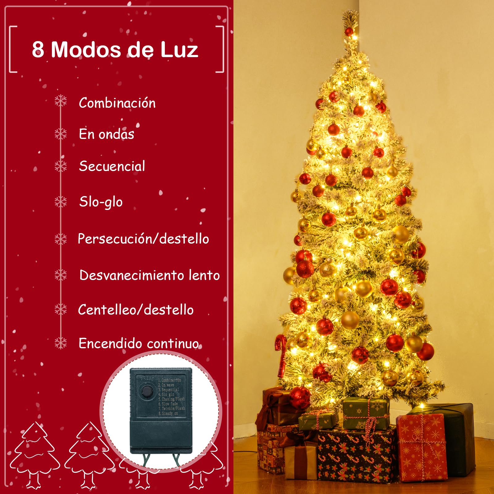 COSTWAY Arbol de Navidad Nevado con Luces 150cm, Árbol de Navidad Slim/Estrecho, 180 Luces LED, 8 Modos, Arvore de Natal Lapiz con Nieve, 329 Puntas de PVC (150cm)