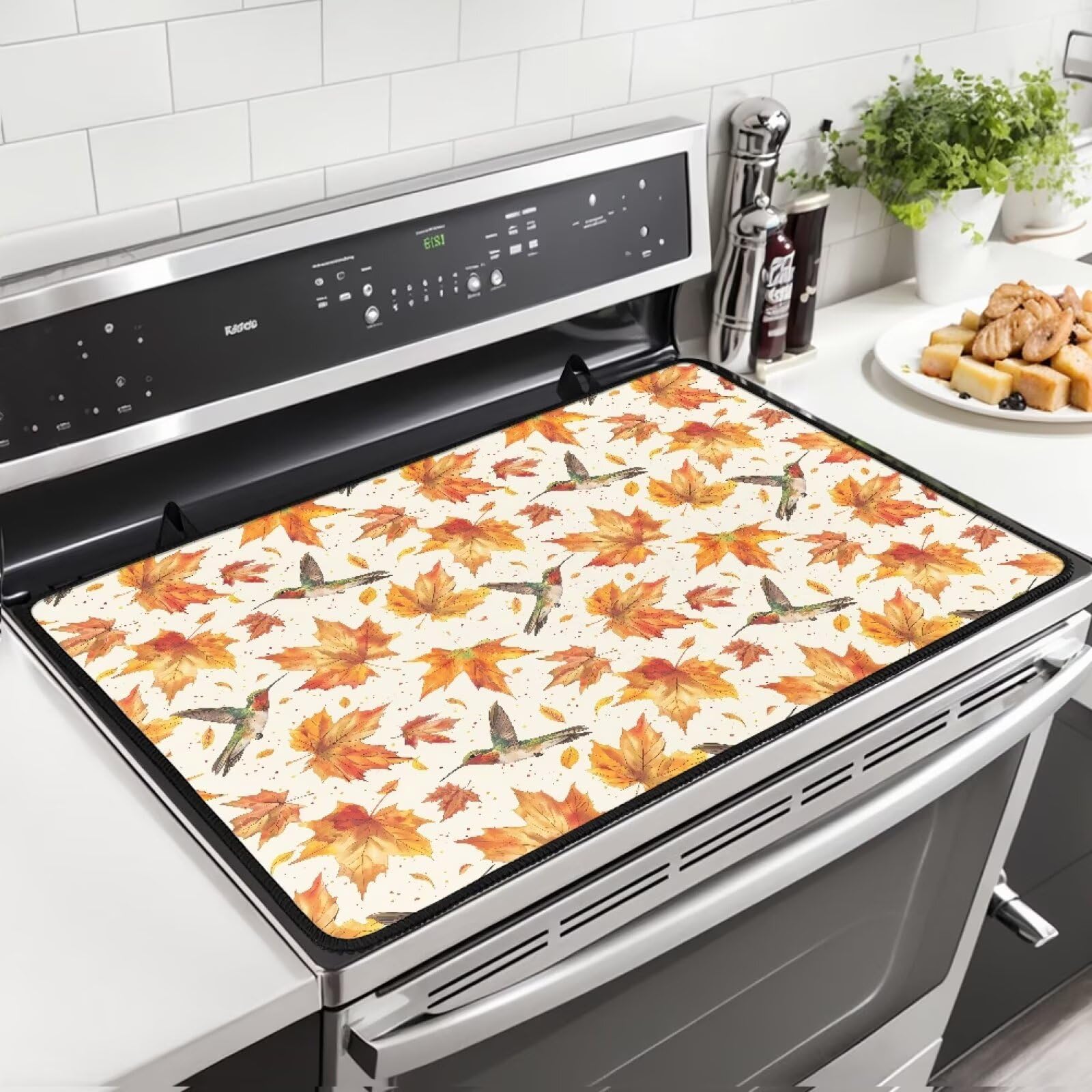 Maple Leaf Hummingbird Stove Top Protector for Electric Stove, Anti-Slip Heat Resistant Countertop Prorector Mat with Hanging Loops, Fall Thanksgiving Day Decor
