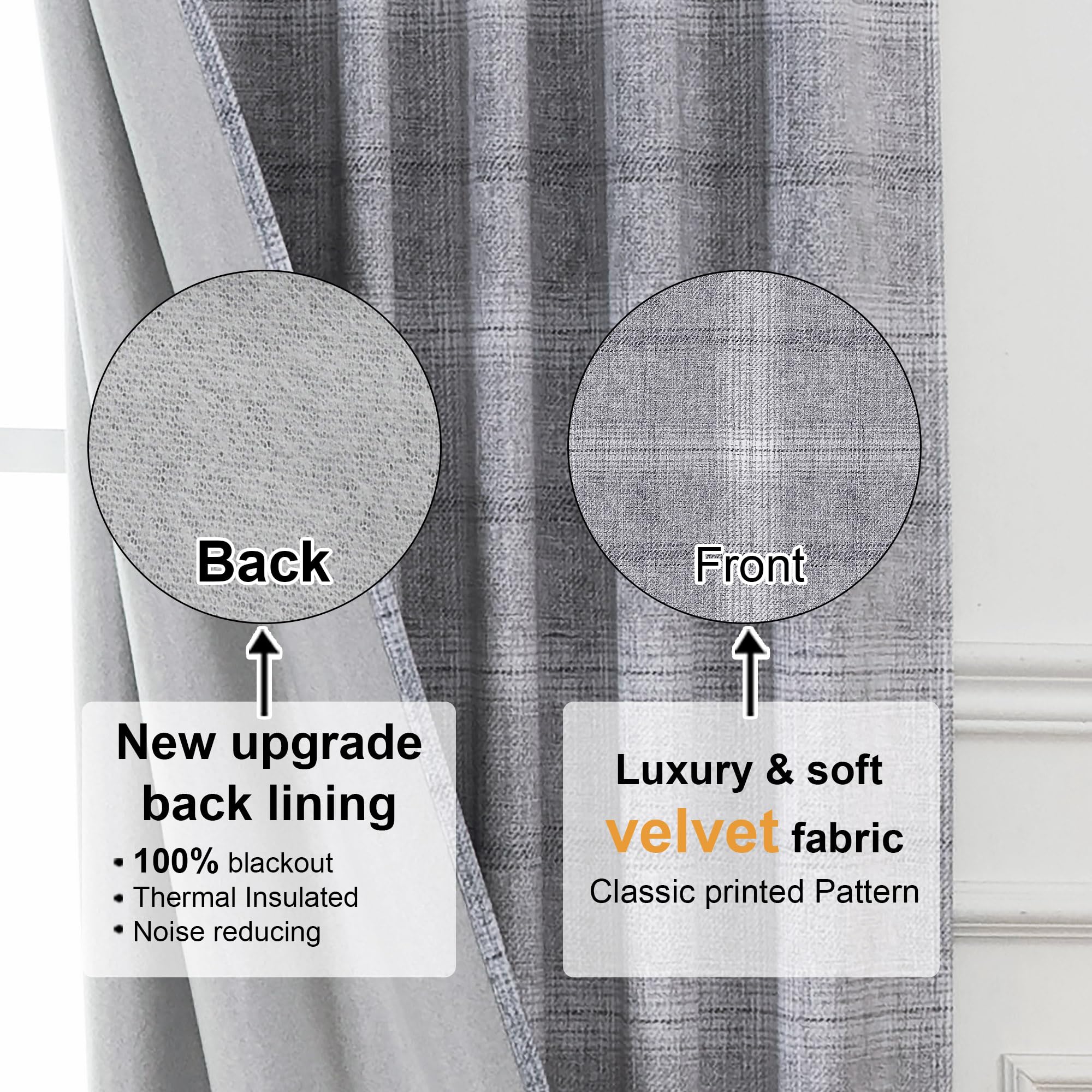 OWENIE Total Blackout Curtains for Bedroom 84 Inches Long 2 Panels, Plaid Printed Velvet Curtains for Living Room, Back Tab Soft & Warm Thermal Insulated Curtains Blackout Curtain Drapes, 52W x 84L