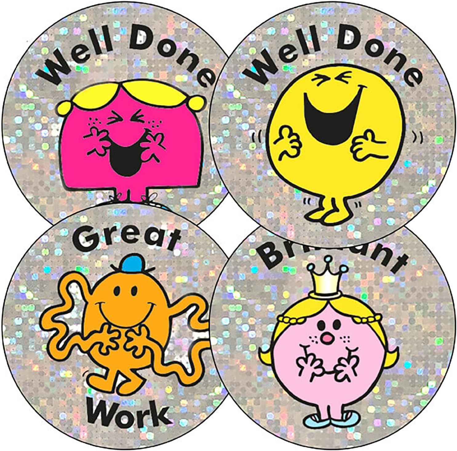 175 Mixed Holographic Sparkly Mr Men Motivational Praise Teachers Reward Stickers 37mm Primary Teaching Services