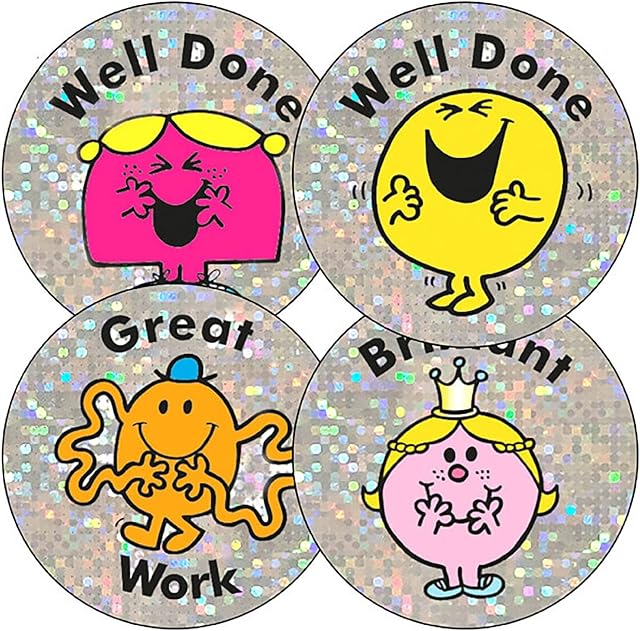 175 Mixed Holographic Sparkly Mr Men Motivational Praise Teachers Reward Stickers 37mm Primary Teaching Services