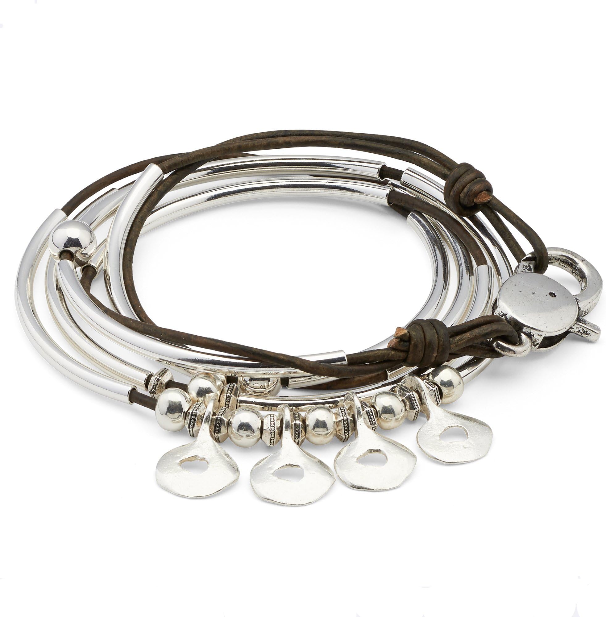 Quartet Wrap in Silverplate Bracelet Necklace with Natural Antique Brown Leather by Lizzy James (Medium)