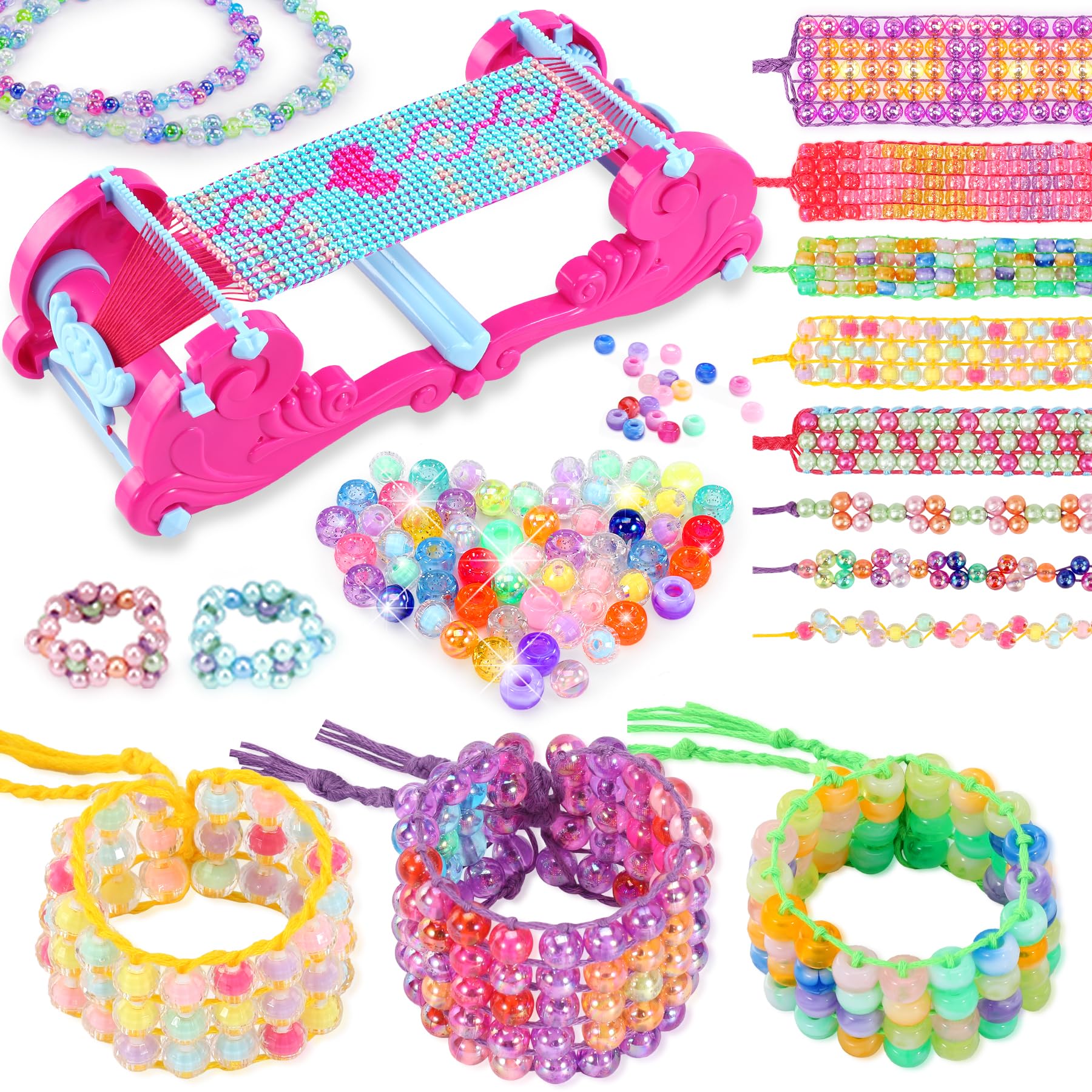 Ophy Abalorios Para Hacer Pulseras - Kit para Hacer Pulseras Hacer Pulseras Niñas con Telar Trenzado Desmontable Cuentas para Pulseras con Cuentas Brillantes Kit Manualidades para Niñas 6-12 Años