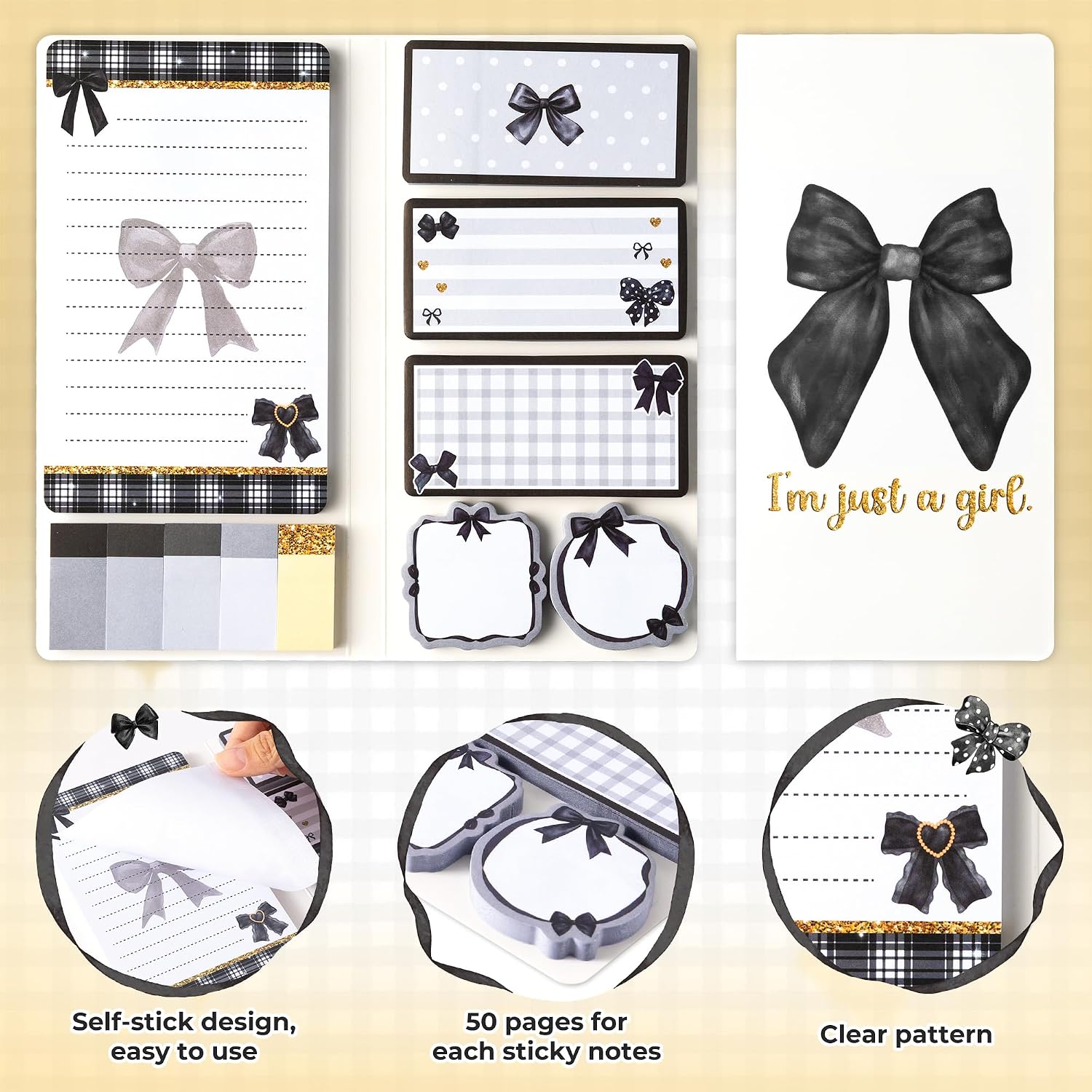 Xqumoi Coquette Black Bow Sticky Notes Set - I’m Just A Girl Self-Stick Note Pads Bowknot Notepads Writing Memo Pad Page Marker Bookmarker Preppy Girly Stuff Back to School Office Supplies Gift image 3