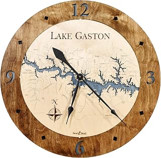 Sea & Soul Lake Gaston 3D Wood Map Nautical Clock, Lake Art Carved Water Depth Clock, Unique Wall Clock, Lake House Decor (Americana & Deep Blue, 36-Inches)