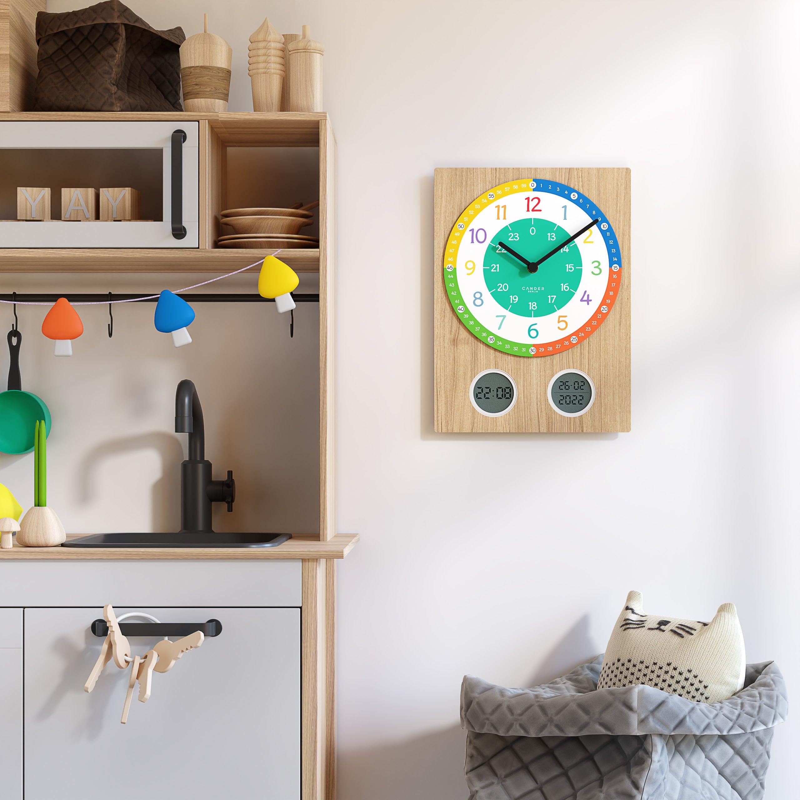 Cander Berlin MNU 11130 S wandklok kinderen geruisloos 35 cm leren klok jongens meisjes kinderkamer zonder tikkende geluiden houtfineer digitaal analoog