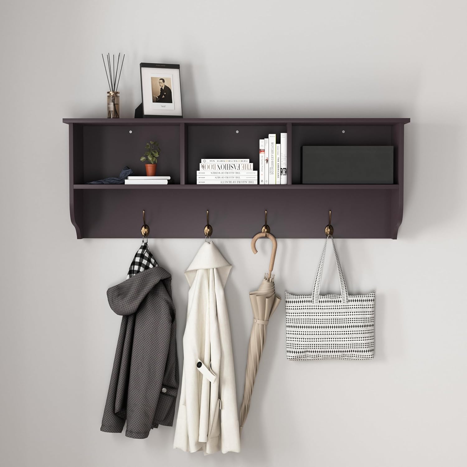 38.58”Modern Entryway Coat Rack, Wall Mounted Shelf with 4 Hooks,MDF+Wood Wall Cabinet with 3 Cubbies Space for Entryway, Mudroom, Bedroom, Bathroom