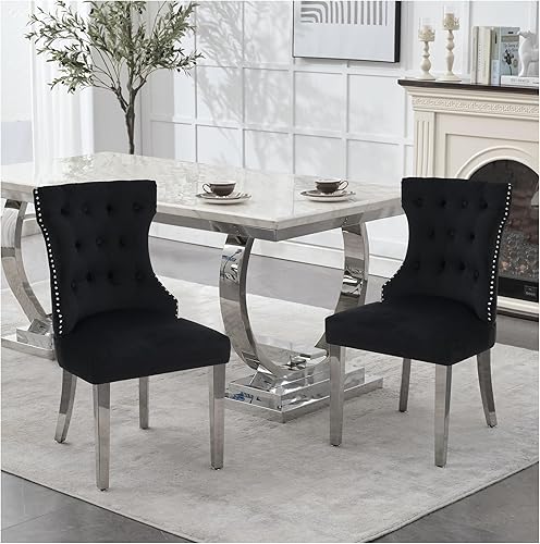 Miniatura 14 de Juego de 4 sillas de comedor de terciopelo, sillas de cocina tapizadas con patas Mteal, respaldo moderno con botones copetudos y ribete cuadrado de