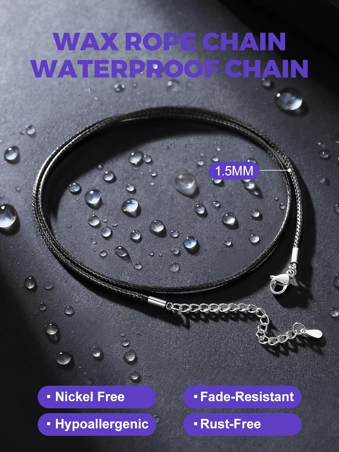 Richsteel Black Braided Leather 1.5/2/3MM Necklace Cord for Men with Stainless Steel Lobster Clasp & 2 Inch Extender, Waterproof Woven Wax Rope Chain for Pendant with Gift Box - Image 3