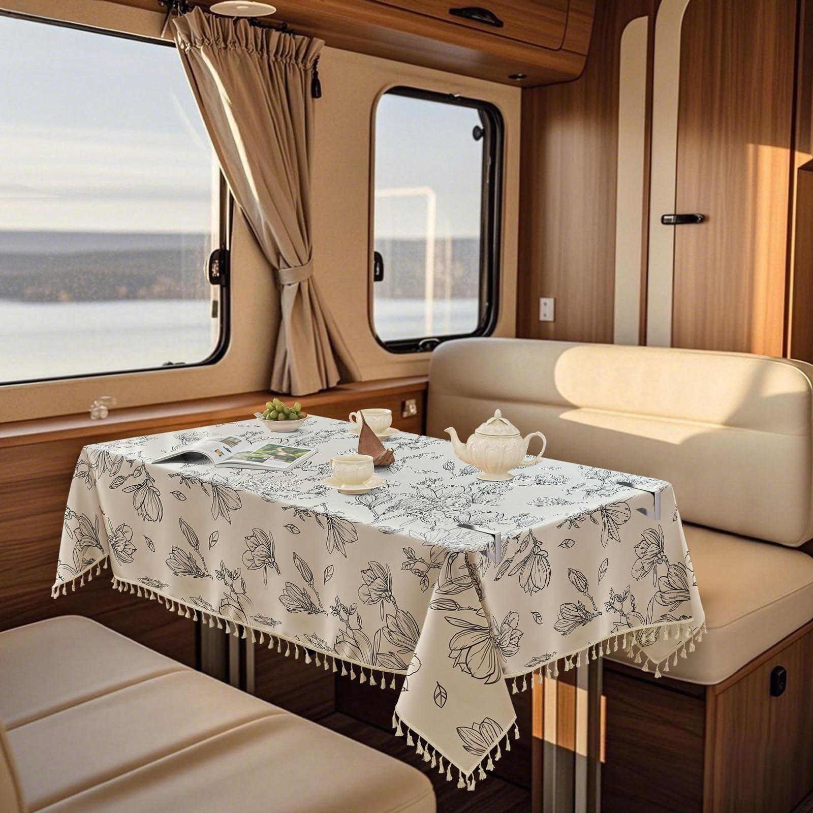 SYLC Waterproof Linen Tablecloth for Motorhome, Outdoor Table Cloth Rectangular with 6 Clips Non-slip, Wipeable Table Sheet for Dining/dinette (printed 31,90 cm × 90 cm)