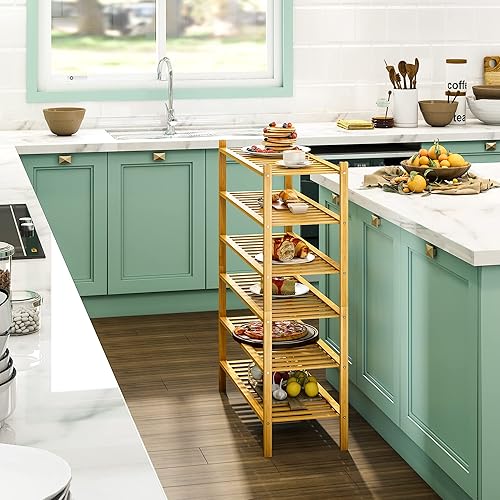 Miniatura 6 de BMOSU Zapatero de bambú de 6 niveles de alta calidad, apilable, organizador de almacenamiento para pasillo, armario, sala de estar, entrada,