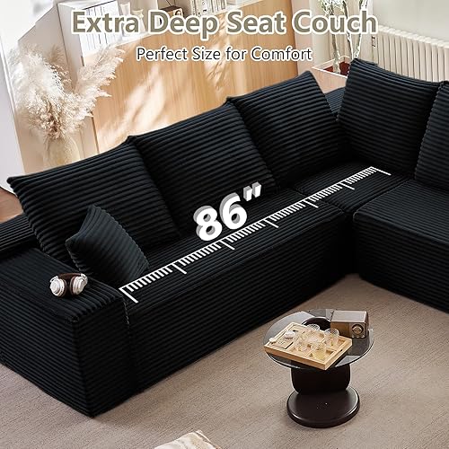 Miniatura 6 de Sofá seccional en forma de nube con chaise en L, sofá modular moderno y cómodo con asiento profundo, sofás tapizados en corduroy de forma U Negro