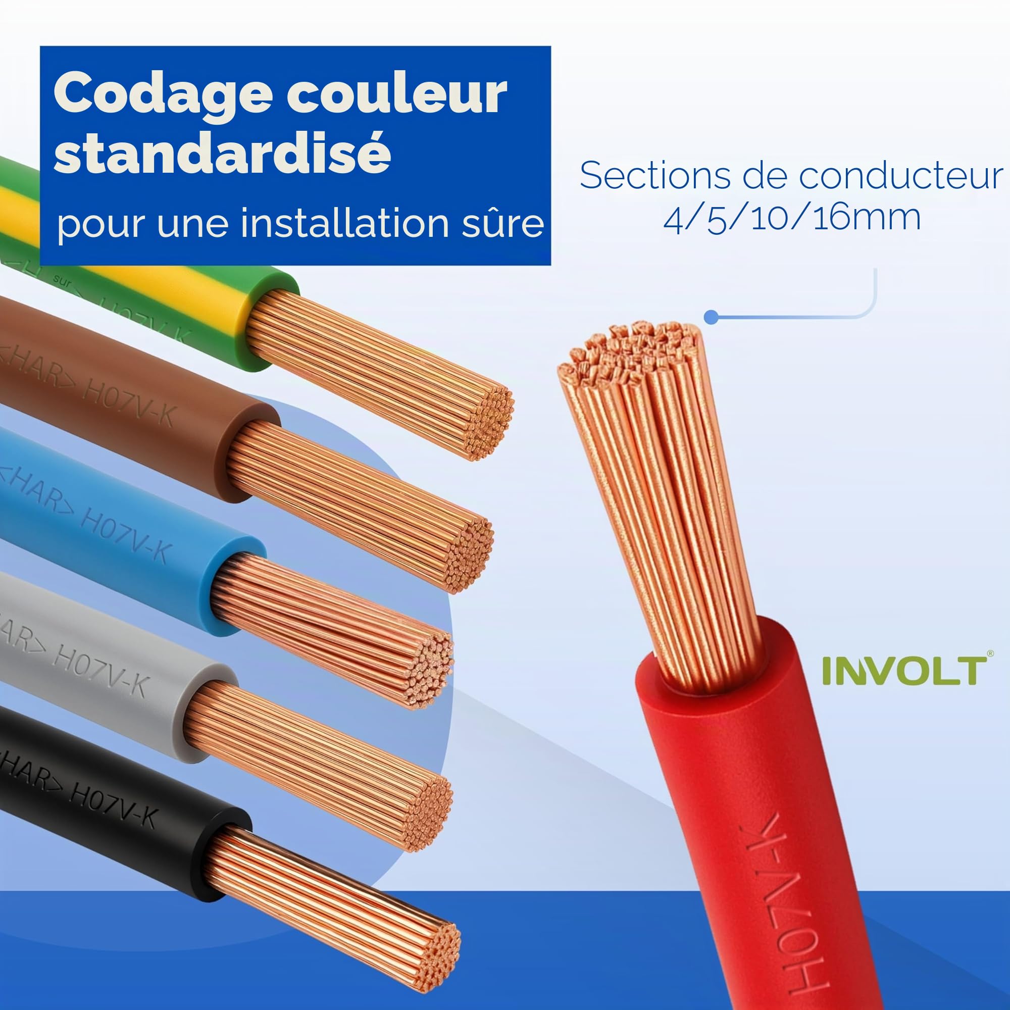 INVOLT H07V-K kit 10mm² 3x5m noir/bleu/vert-jaune, 100 embouts, VDE, Fabriqué en Allemagne