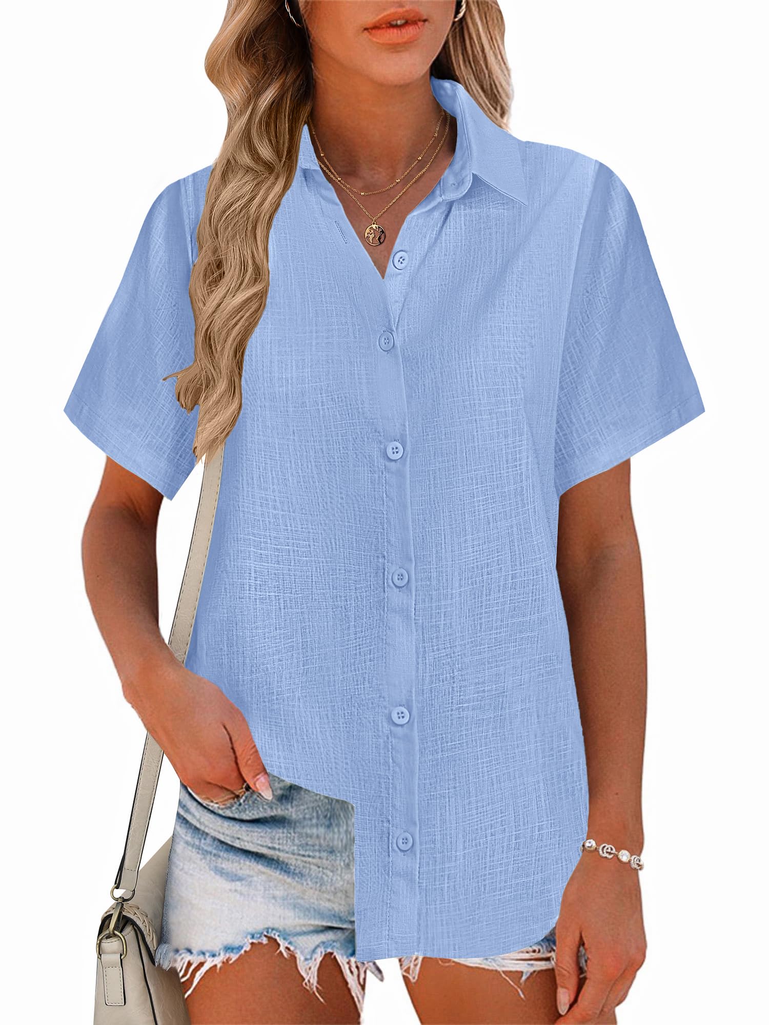 Zeagoo Women Linen Button Down Shirts Short Sleeve Blouse Business Casual Tops Dressy Summer Outfits