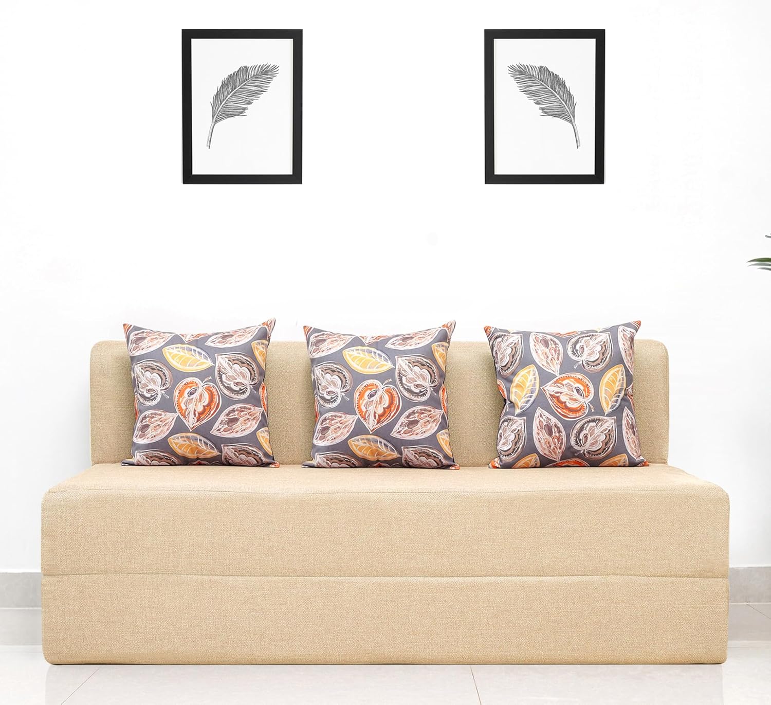 uberlyfe 3 Seater Sofa Cum Bed | Jute Fabric Washable Cover | 3 Cushions Fall Leaves Pattern | Beige | 5′ X 6′ Feet uberlyfe 3 Seater Sofa Cum Bed | Jute Fabric Washable Cover | 3 Cushions Fall Leaves Pattern | Beige | 5′ X 6′ Feet