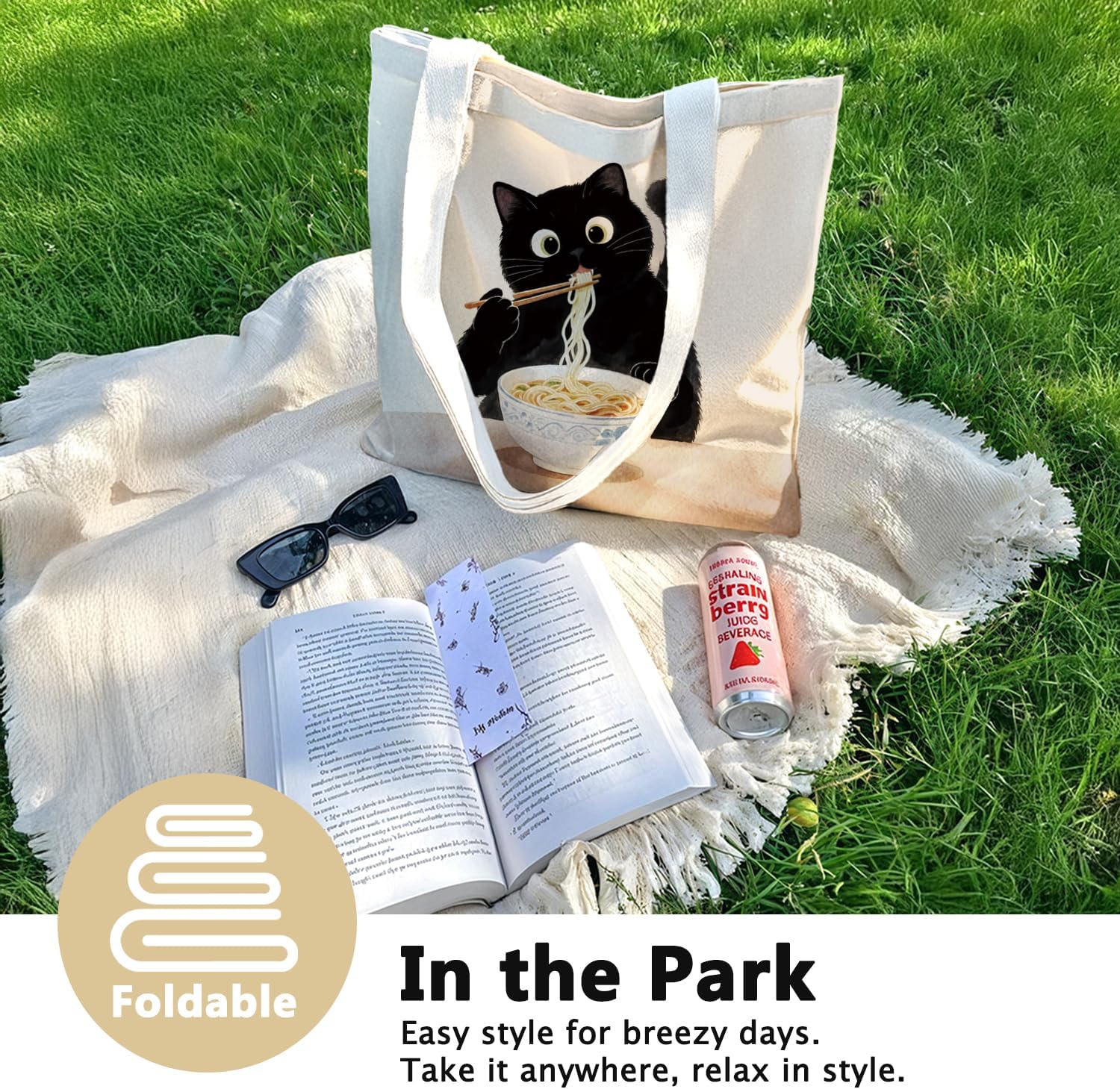 Cute Black Cat Canvas Tote Bag Aesthetic Flowers Reusable Shopping Grocery Bags Birthday Gifts for Women & Teen Girls - Image 3