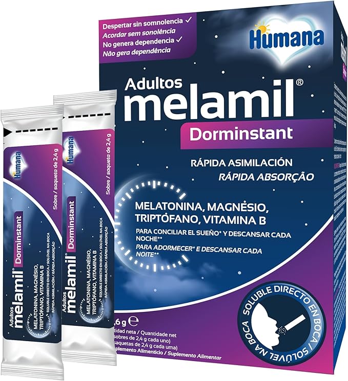 Melamil Dorminstant para adolescentes y adultos, melatonina 99% pura, triptófano y magnesio, para conciliar el sueño y descansar, 24 sobres