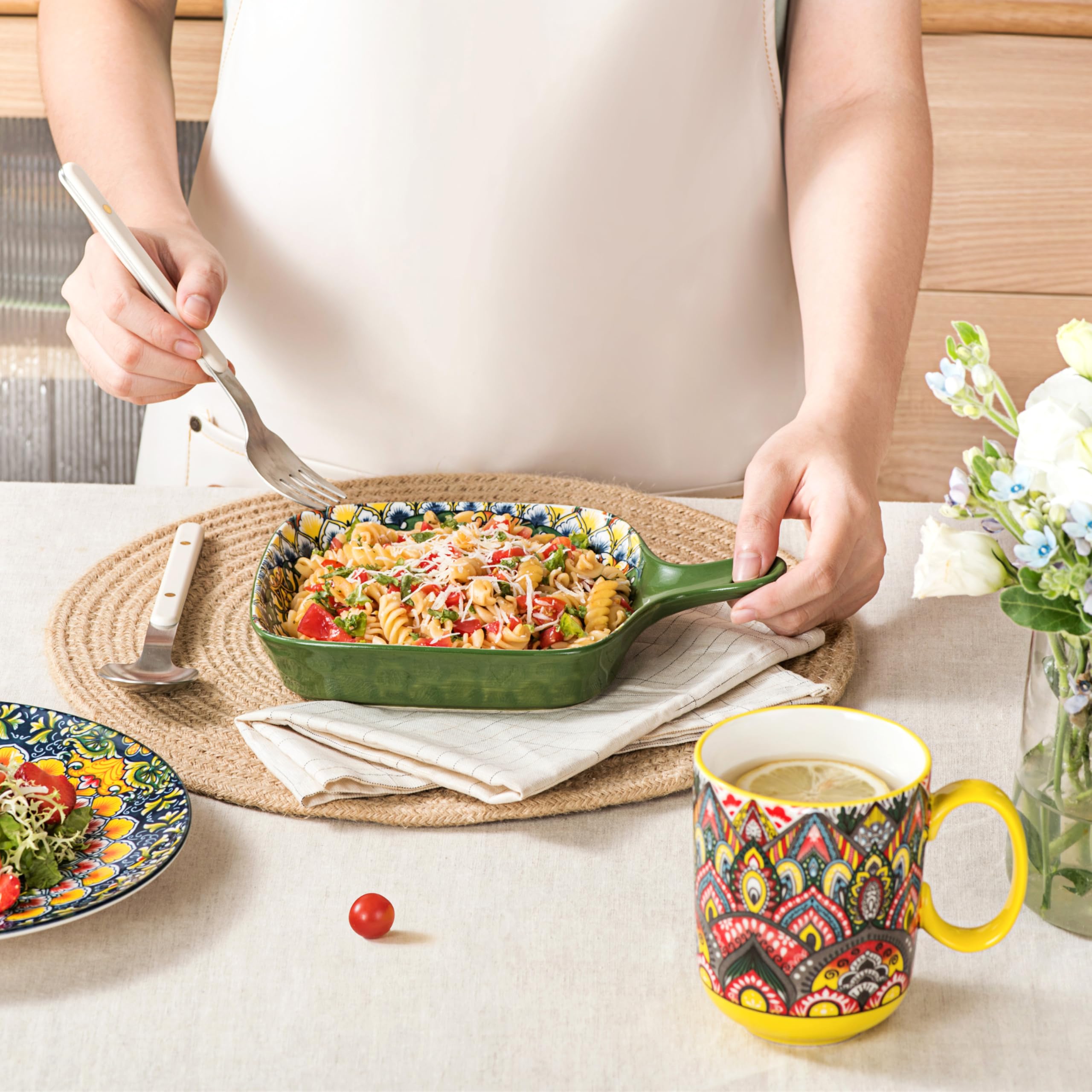 Henten Home Cuencos para Aperitivos y Salsas, Cuenco Cuadrado de 6 – 500 ml, Cuencos para Aperitivos, Postres – Estilo Bohemio, Apto para Lavavajillas y Microondas