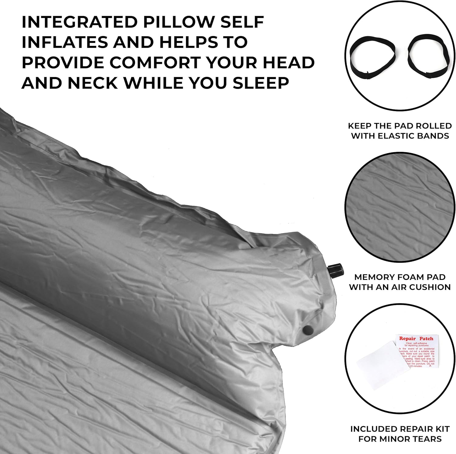 OSAGE RIVER Self Inflating Sleeping Pad with Built-in Pillow, Compact Memory Foam Sleep Mat, Camping Air Mattress for Tent, Travel, Backpacking, or Hiking, Grey