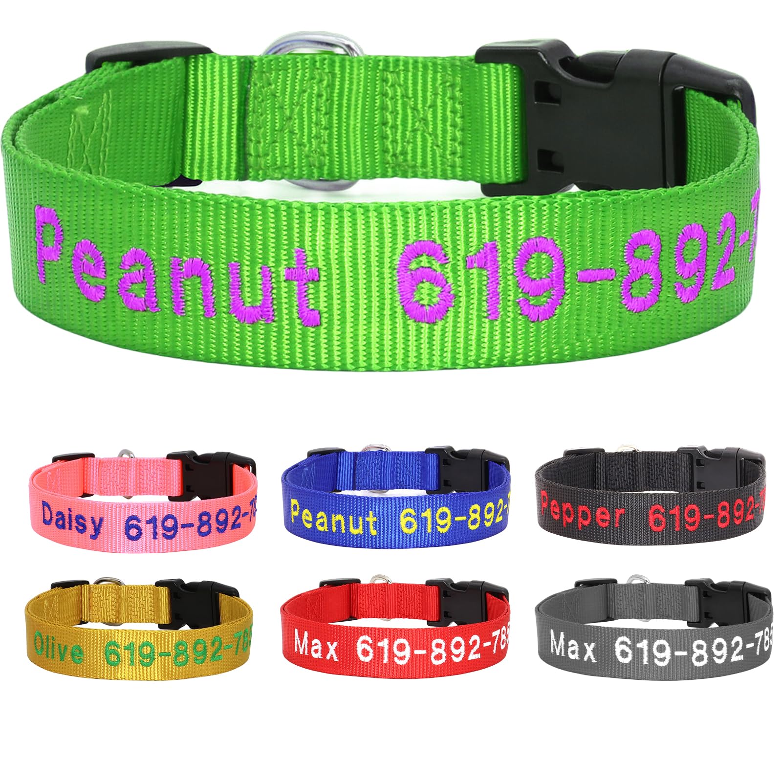 Personalized Embroidered Dog Collars, Custom Dog Name & Phone Number, 5 Adjustable Sizes for XS to XL,Nylon Collars for Boy Girl Dogs,Puppy,Safety Release Metal Buckle and D-Ring,Grass Green